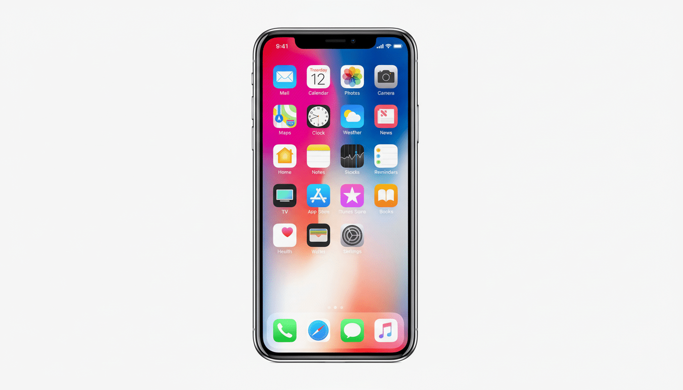 An iPhone X displaying its home screen with various app icons, set against a clean, light grey background with a 16: 9 aspect ratio.