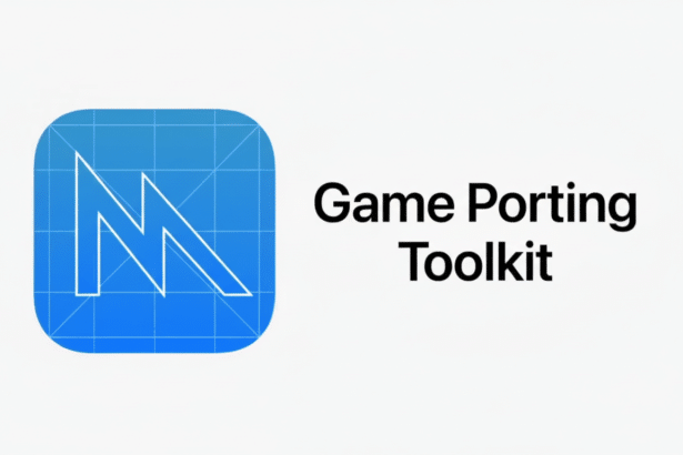 Game Porting Toolkit logo with a blue square icon featuring a white abstract ' M' shape and the text ' Game Porting Toolkit ' in black.