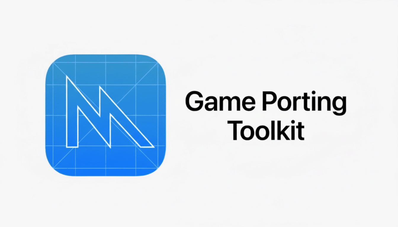 Game Porting Toolkit logo with a blue square icon featuring a white abstract ' M' shape and the text ' Game Porting Toolkit ' in black.
