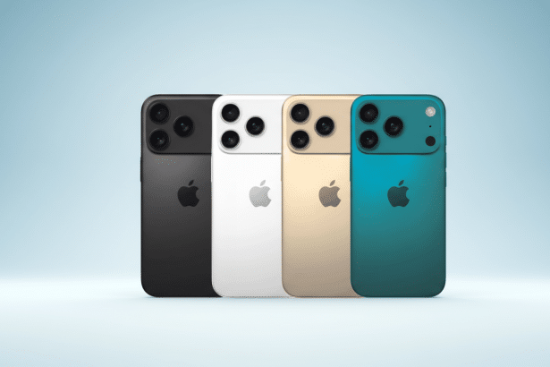 Four smartphone devices , possibly iPhones , in black, white, gold, and teal colors , arranged in a row against a soft blue gradient background.