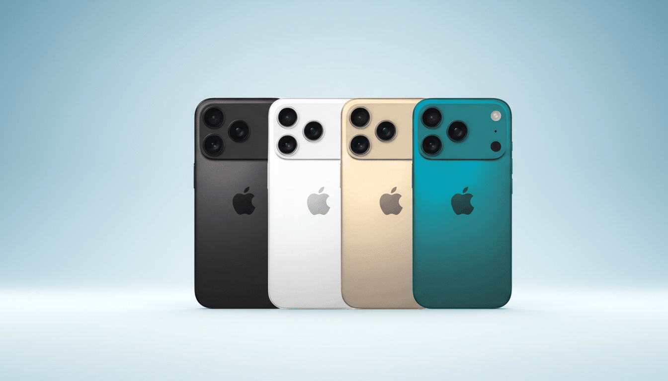 Four smartphone devices , possibly iPhones , in black, white, gold, and teal colors , arranged in a row against a soft blue gradient background.