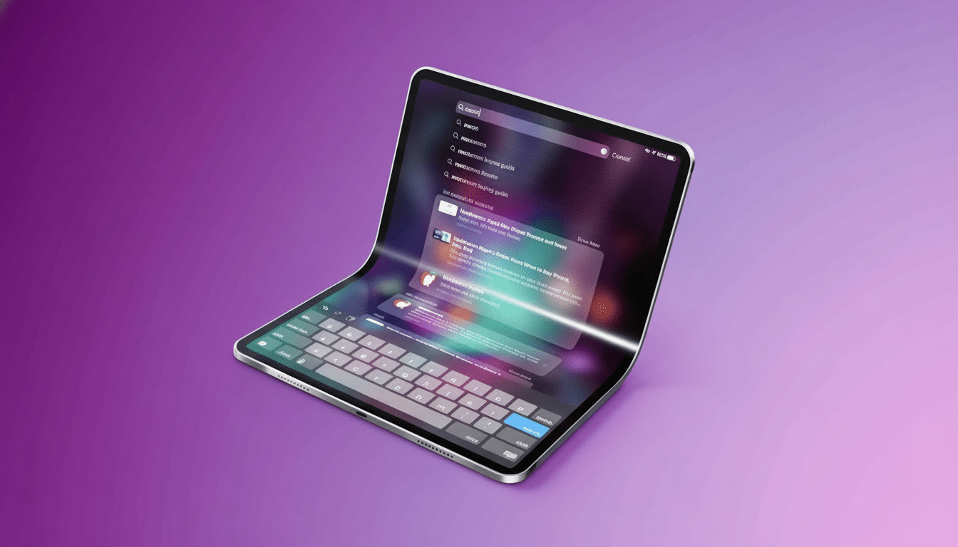 A professional , enhanced image of an iPad Pro with a curved screen effect , displaying a search query on a soft purple gradient background. Filename : ipadpro cur vedscreen. png