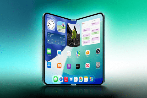 A professional 16:9 aspect ratio image of a foldable iPhone concept , displaying various apps and widgets on its screens , with a blurred turquoise and green background.