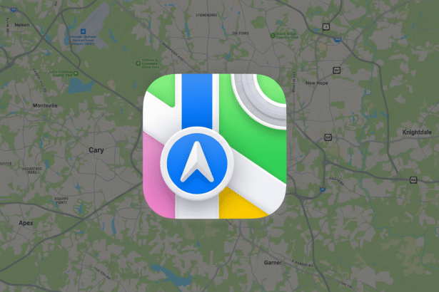 The Apple Maps app icon centered on a faded map of the Raleigh- Durham area.