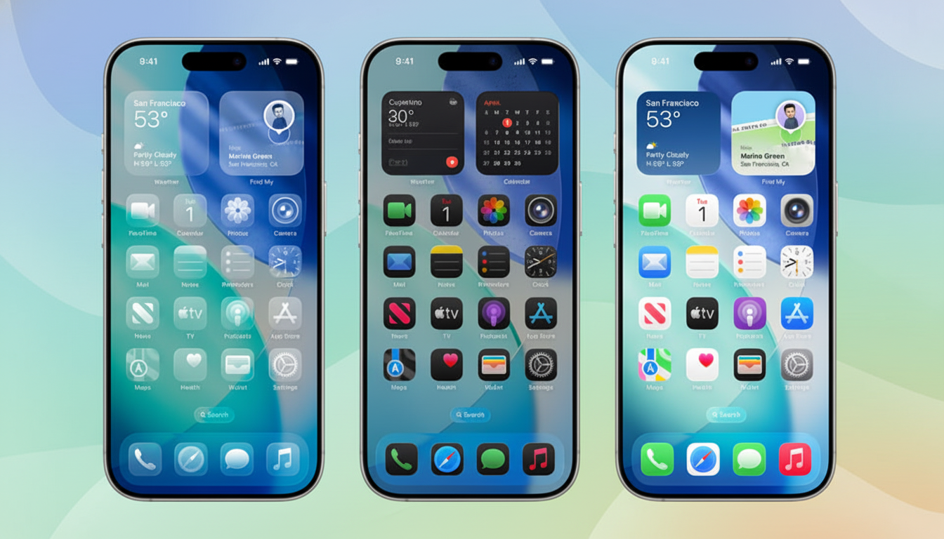 Three iPhones displayed side-by-side, showcasing different home screen layouts and widgets. The background has been subtly enhanced with a soft gradient to fit a 16:9 aspect ratio.