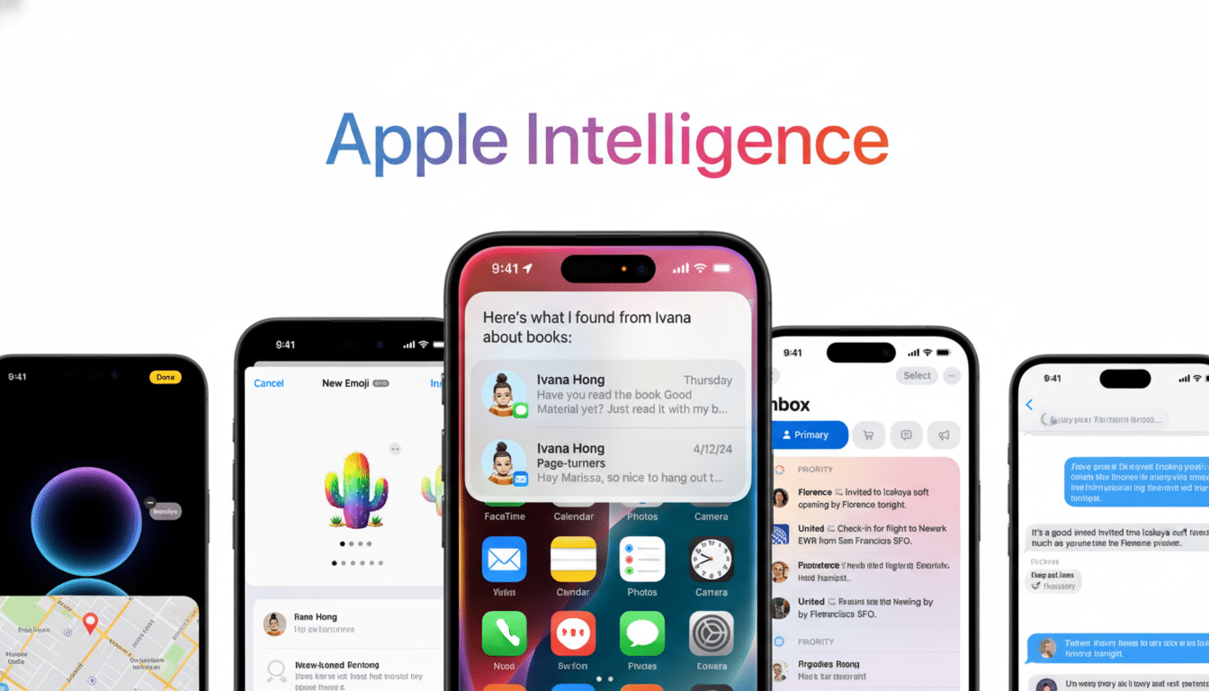 The Apple Intelligence logo above five iPhones displaying various app interfaces , including a book discovery feature , emoji creation, email inbox, and text messages. Filename : appleintelligence iph ones.png
