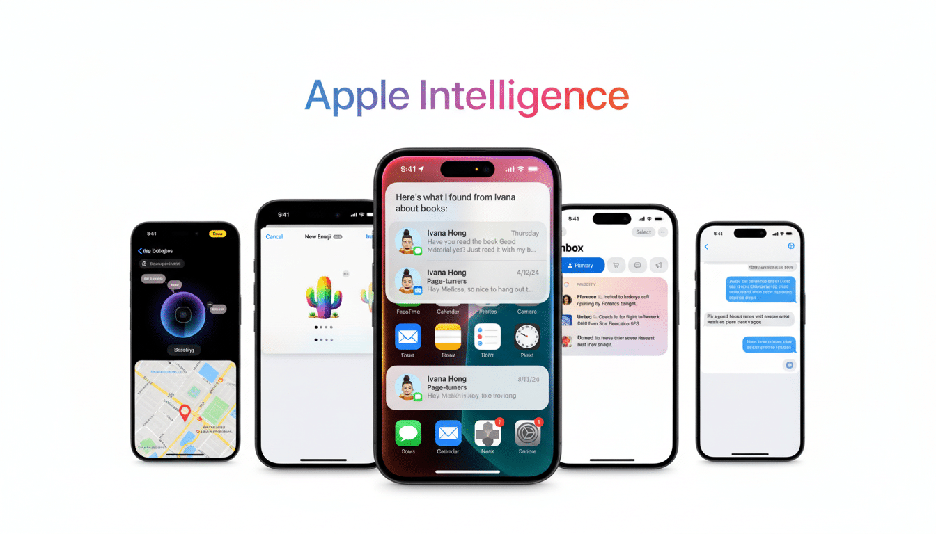 An array of five iPhones displaying various app interfaces, with the central phone showcasing Apple Intelligence above it.