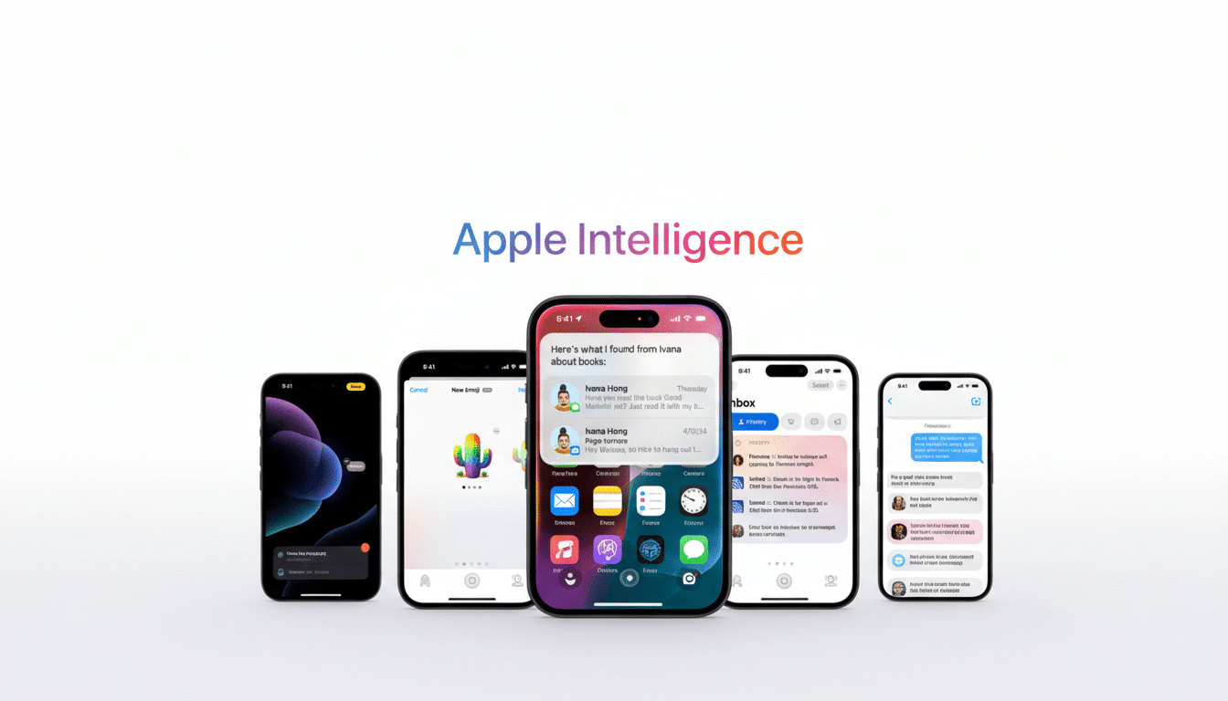 The Apple Intelligence logo is displayed above multiple iPhones showcasing different features like messages, app icons, and notifications, set against