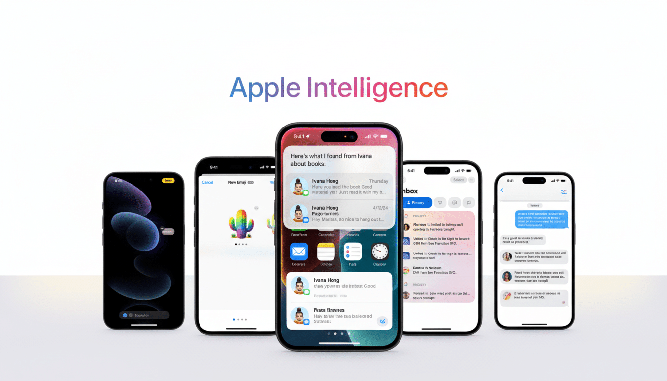 Five iPhones showcasing different Apple Intelligence features and apps, with Apple Intelligence text at the top.