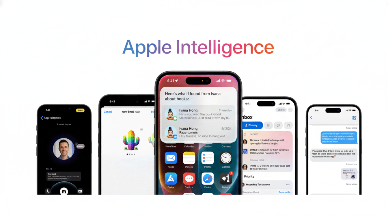 The text Apple Intelligence in a gradient of blue , purple, and red , floats above a line of five iPhones showcasing various app interfaces . The central iPhone displays a message about books from Ivana Hong .