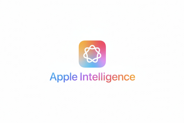 The Apple Intelligence logo with a colorful icon featuring a geometric pattern and the words Apple Intelligence in a gradient font, set against a plai