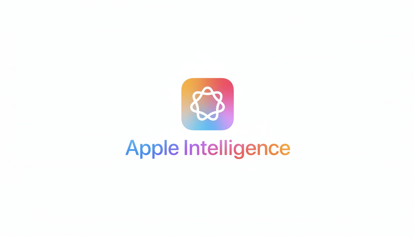 The Apple Intelligence logo with a colorful icon featuring a geometric pattern and the words Apple Intelligence in a gradient font, set against a plai