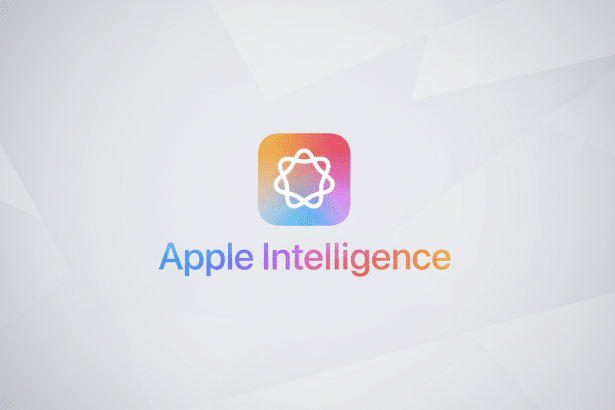 The Apple Intelligence logo and text on a professional flat design background with soft gray geometric patterns. Filename : appleintelligence logo1 6x 9.png