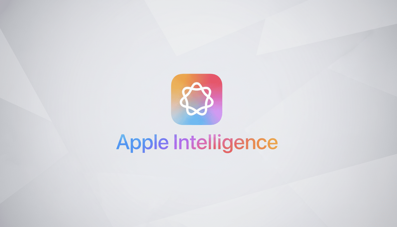 The Apple Intelligence logo and text on a professional flat design background with soft gray geometric patterns. Filename : appleintelligence logo1 6x 9.png