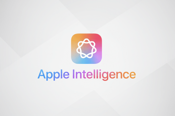 The Apple Intelligence logo with a colorful, abstract icon above the text, set against a subtle gray background with soft geometric patterns.
