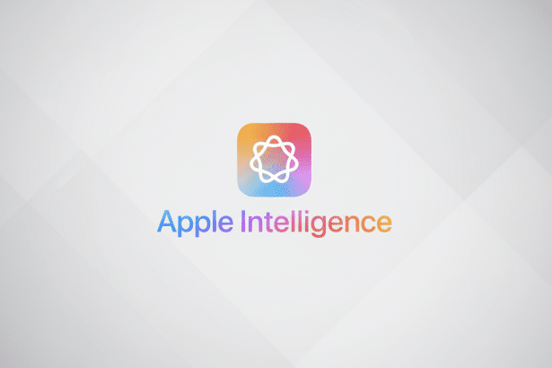The Apple Intelligence logo and text on a professional flat design background with soft gray patterns. Filename : appleintelligence logoenhanced .png