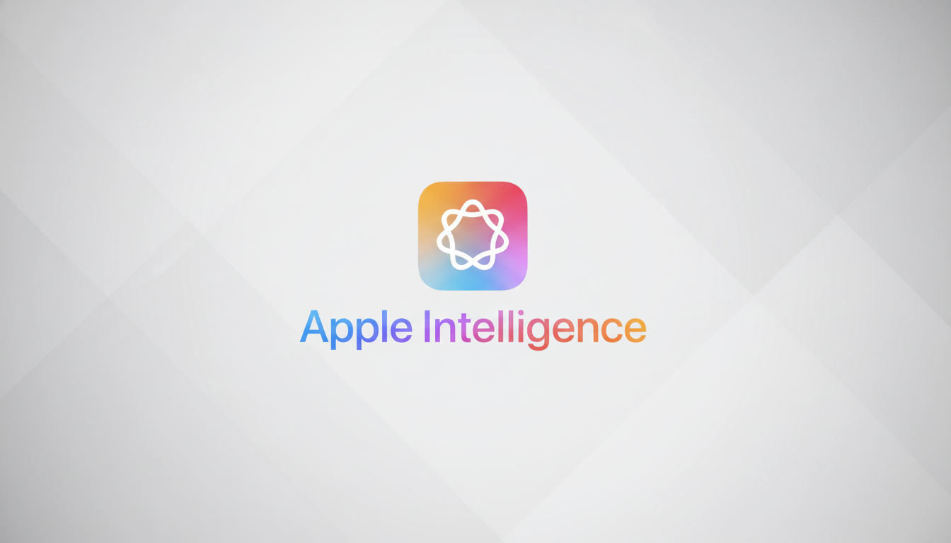 The Apple Intelligence logo and text on a professional flat design background with soft gray patterns. Filename : appleintelligence logoenhanced .png