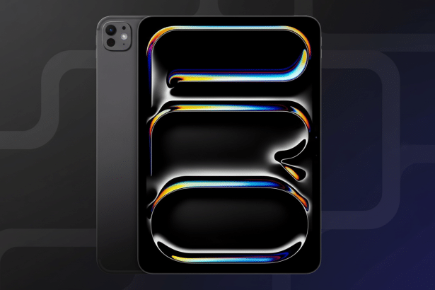 A black Apple iPad Pro displayed in a 1 6:9 aspect ratio, featuring a vibrant , abstract screen on a professional dark gradient background with subtle patterns .