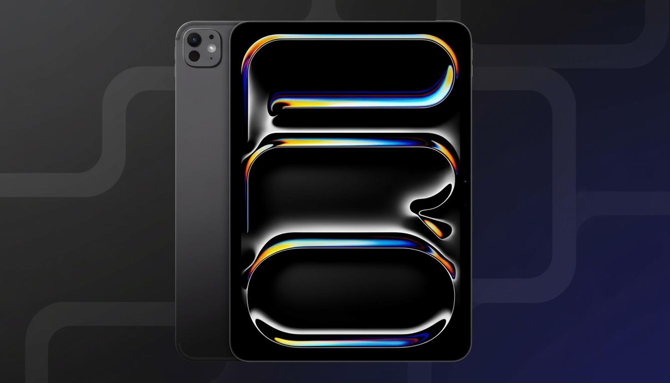 A black Apple iPad Pro displayed in a 1 6:9 aspect ratio, featuring a vibrant , abstract screen on a professional dark gradient background with subtle patterns .
