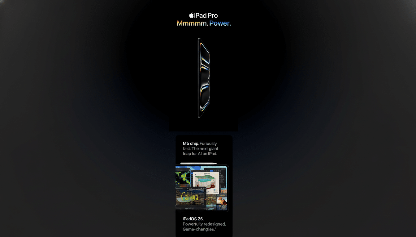 A professional advertisement for the iPad Pro , with the text iPad Pro M mmmm . Power. at the top. Below it , an iPad Pro is shown in profile, displaying a vibrant, colorful interface . Further down, there are two sections: one highlighting the M5 chip and  AI  capabilities with an image of the iPad Pro running various applications, and another mentioning  iPadOS 2 6 and  Game-changing capabilities .