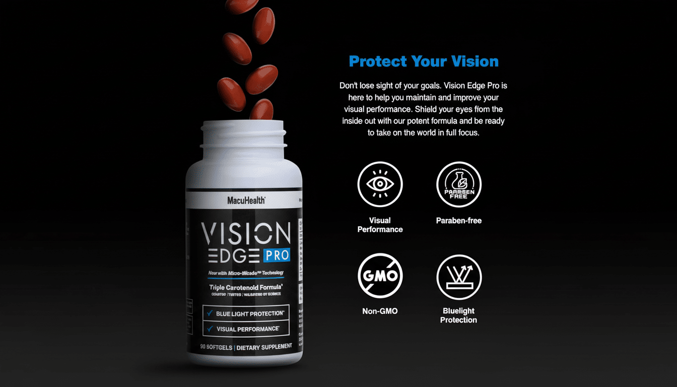 Vision Edge Pro supplement bottle with red capsules falling from above , and text promoting vision protection and features like visual performance , paraben- free, non- GMO, and blue light protection, all set against a professional black background with subtle white light .