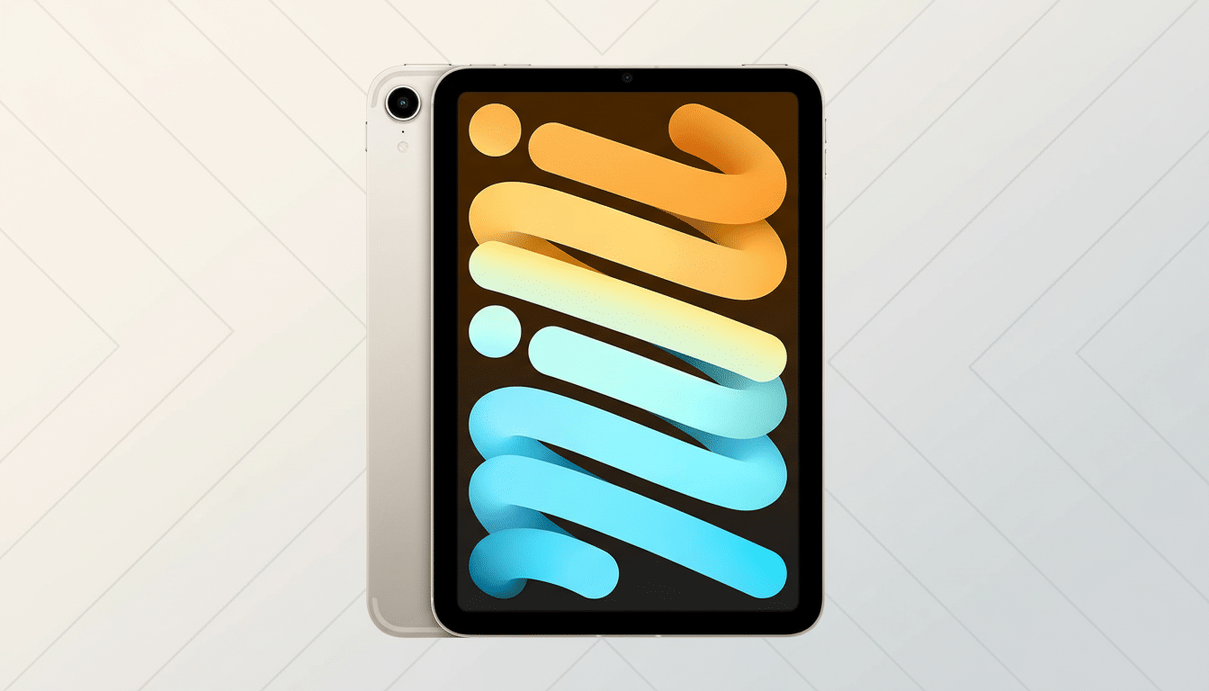 An iPad Mini in St arlight color, displaying a colorful abstract wallpaper, set against a professional background with soft, light-colored patterns.