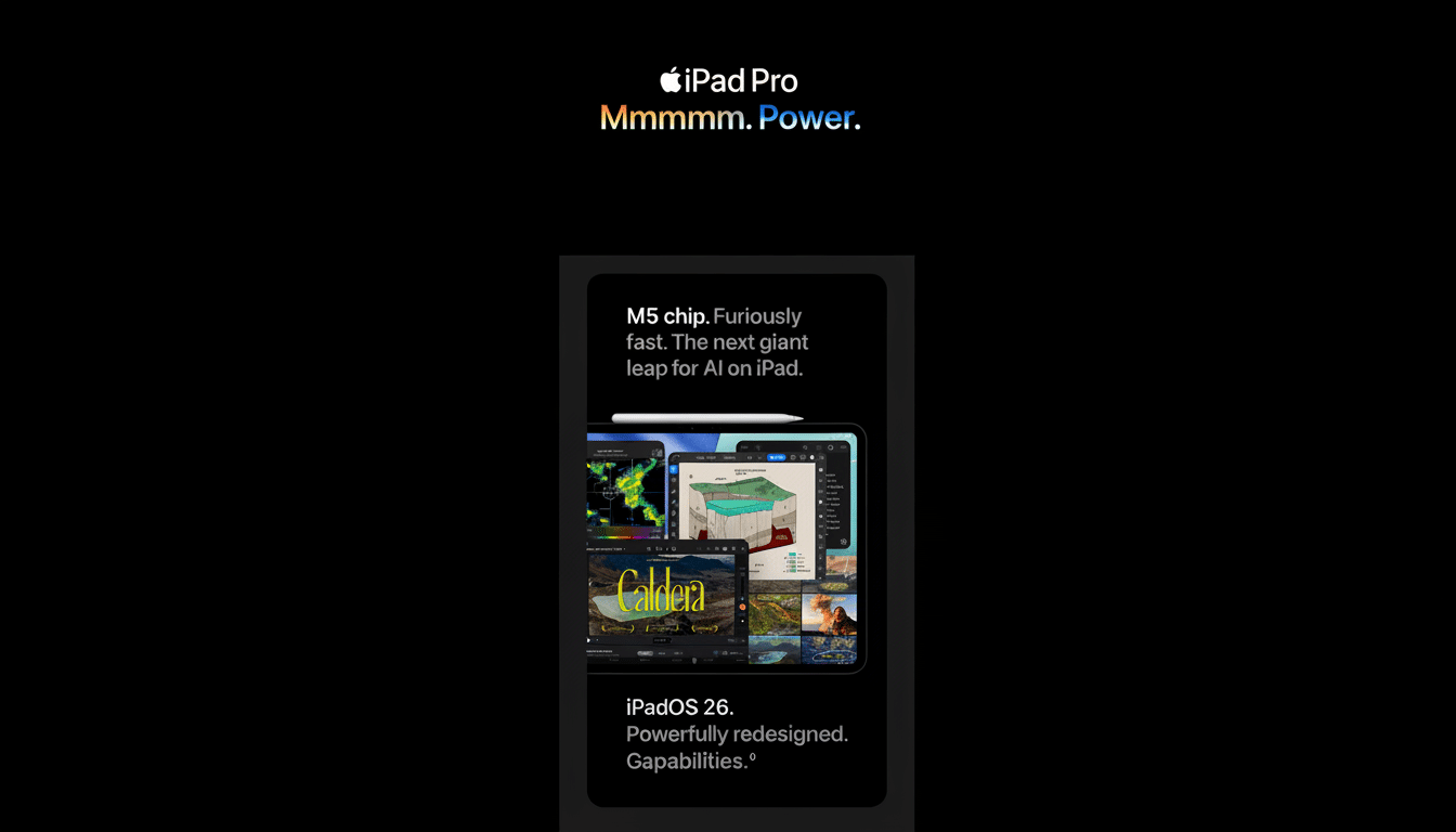 An advertisement for the iPad Pro , featuring the device 's name and slogan Mmmmm . Power. at the top. Below, a sleek , black iPad Pro is shown in profile . Further down, there is a section highlighting the M5 chip and iPadOS 2 6, with a screenshot of various applications running on an iPad. Filename : ipadpro advert isement. png