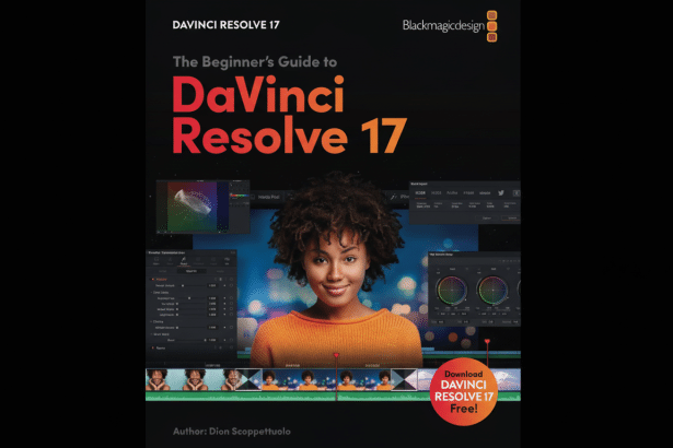 Da Vinci Resolve 17 beginner' s guide book cover featuring a smiling woman with curly hair over video editing software interfaces , with Download DaVinci Resolve 17 Free! in a red circle.
