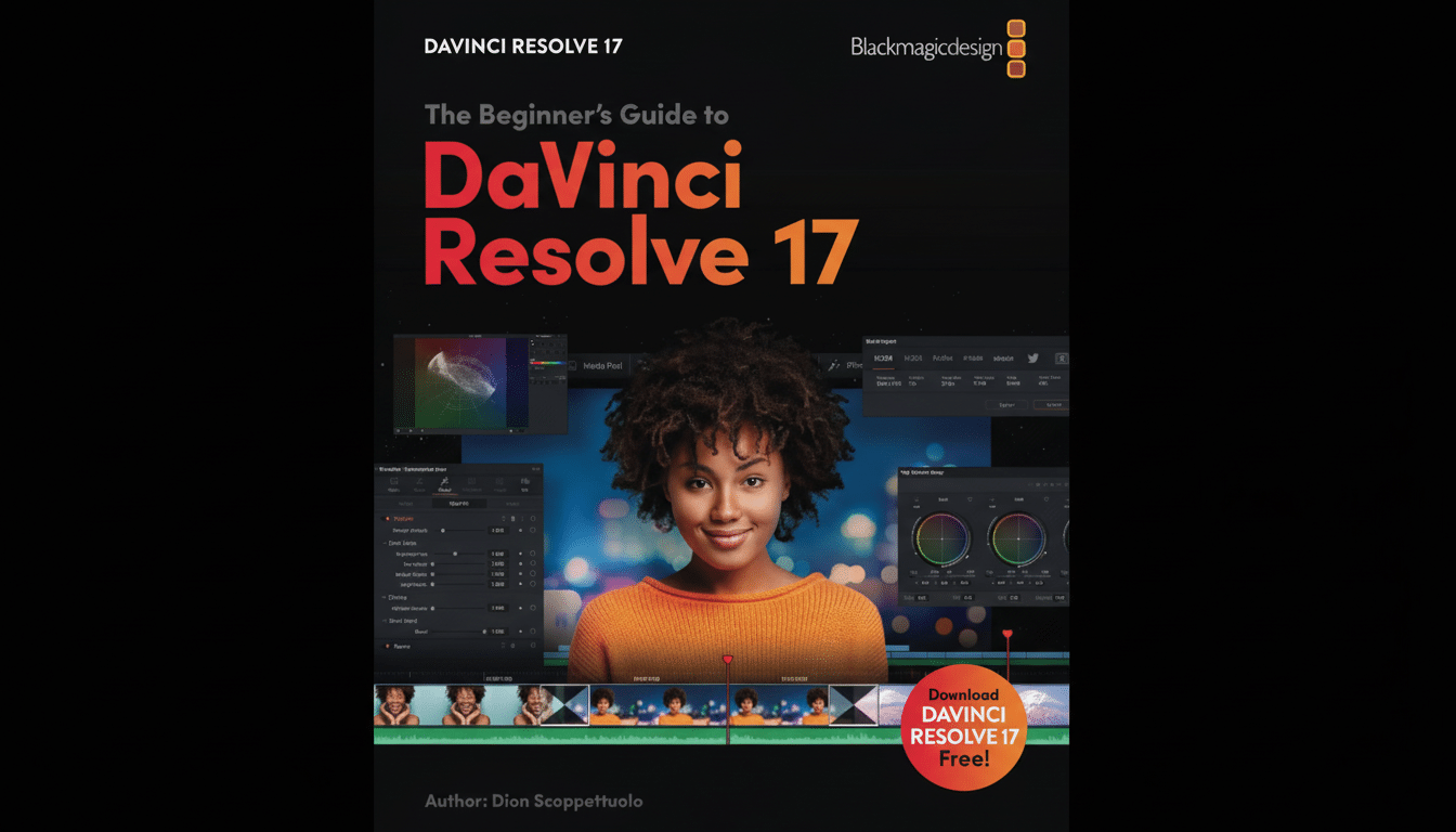 Da Vinci Resolve 17 beginner' s guide book cover featuring a smiling woman with curly hair over video editing software interfaces , with Download DaVinci Resolve 17 Free! in a red circle.