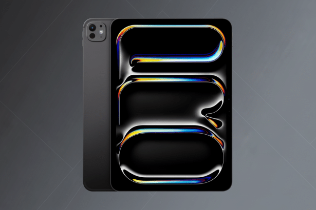 alt text= A space gray iPad Pro with a vibrant abstract pattern on its screen, alongside another i