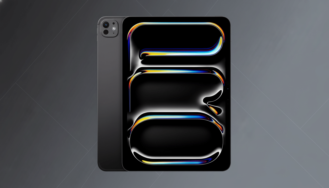 alt text= A space gray iPad Pro with a vibrant abstract pattern on its screen, alongside another i