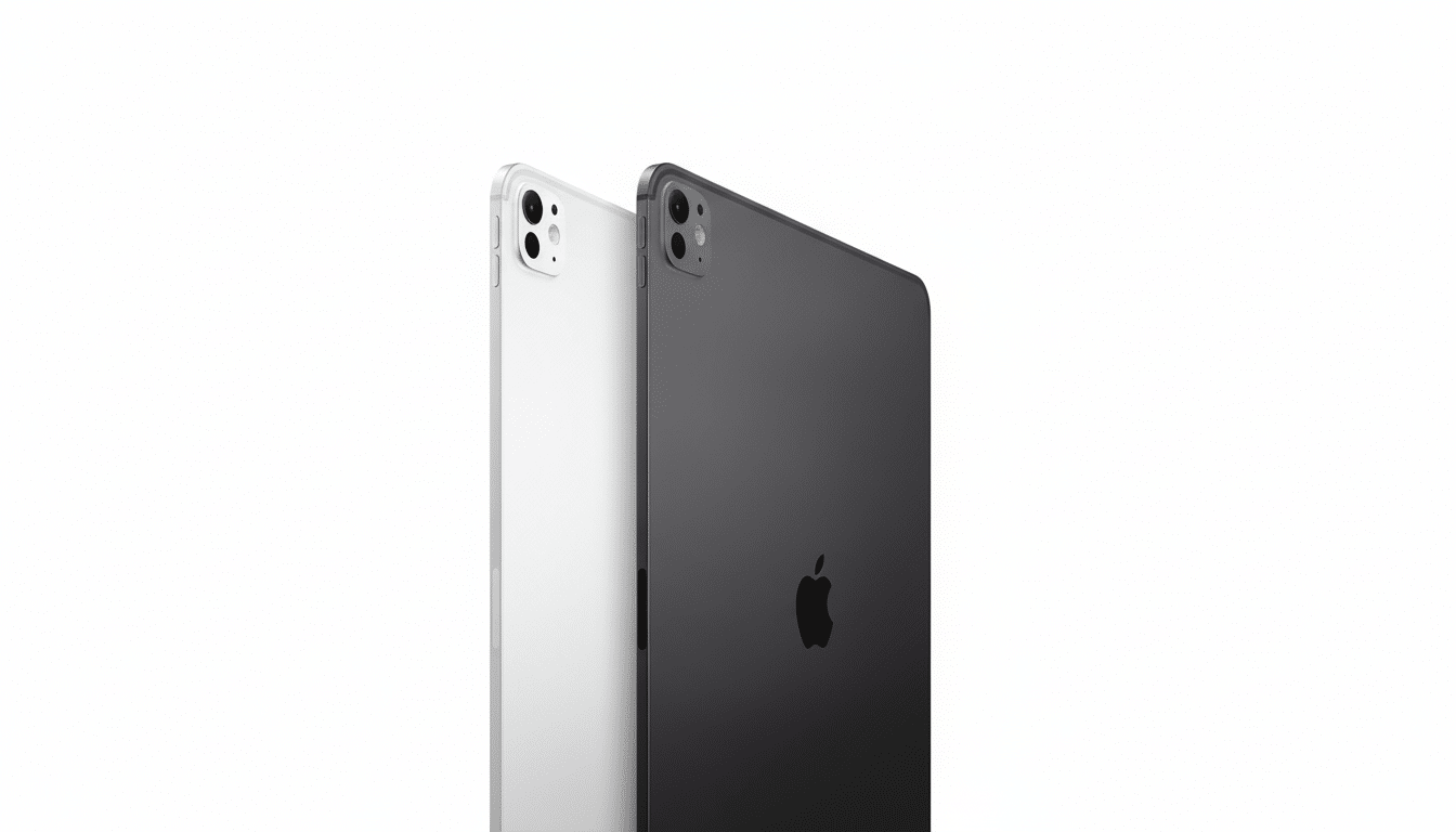 A white and a space gray iPad Pro, seen from a rear - side angle against a plain white background , showcasing their camera modules and the Apple logo on the darker model. Filename : ipadpro whitespace gray. png