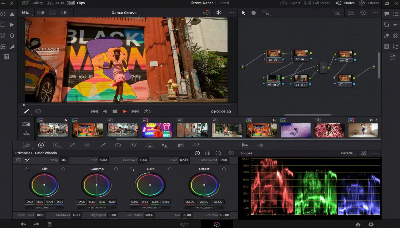 A screenshot of a professional video editing software interface , showing a clip of a person dancing on a street with colorful graffiti . The software displays color wheels, scopes , and a node - based workflow for color grading. The image has been resized to a 16: 9 aspect ratio.
