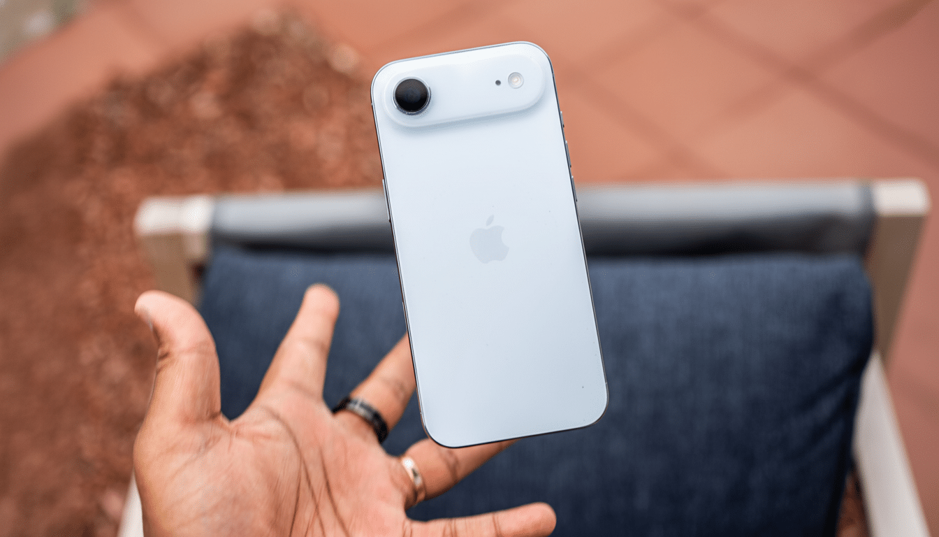 A hand holding a white iPhone with a single camera lens and Apple logo on the back, presented in a 16: 9 aspect ratio with the original background ret