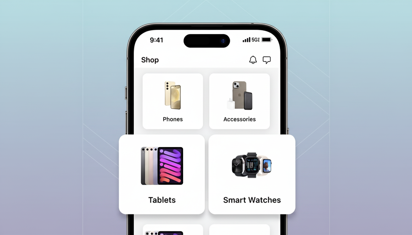 A smartphone displaying a shopping app interface with categories for Phones, Accessories, Tablets, and Smart Watches, set against a professional flat design background with soft patterns and gradients.