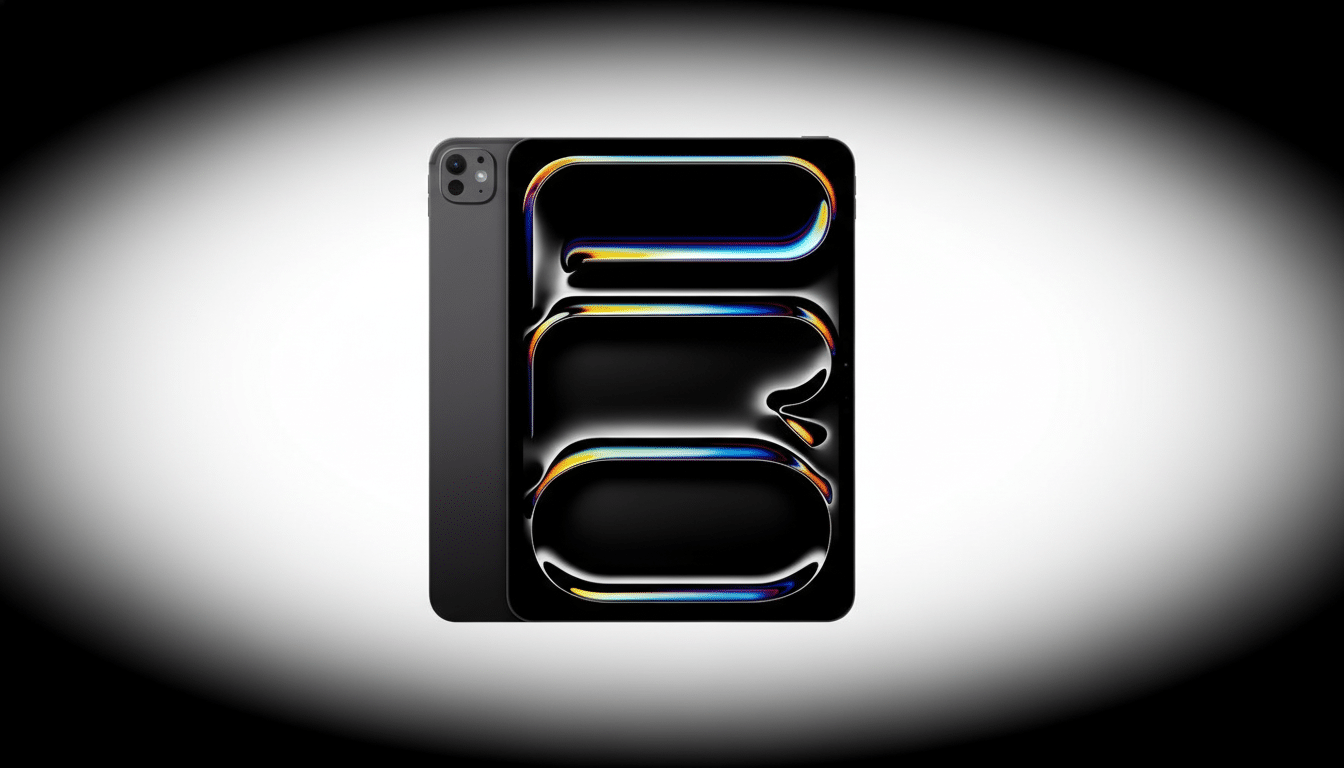 A professional , enhanced image of a dark grey iPad Pro with a vibrant , abstract display , set against a subtle white and grey gradient background. Filename : ipad proabstract display. png