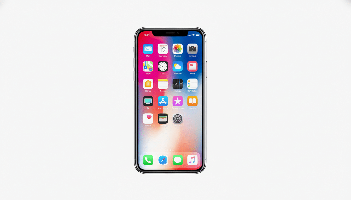 An iPhone X displaying its home screen with various app icons, set against a clean , light grey background with a 16: 9 aspect ratio.