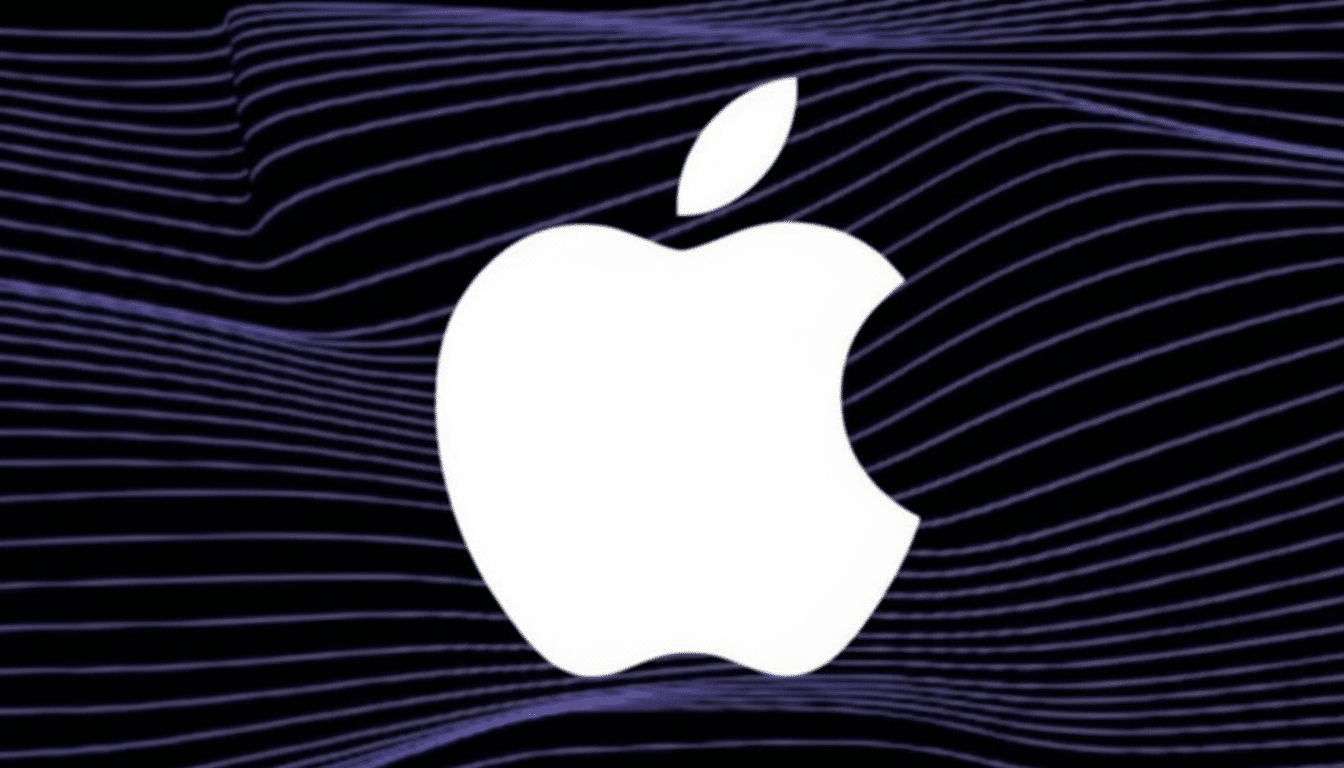 A white Apple logo centered against a dark background with flowing purple wavy lines.