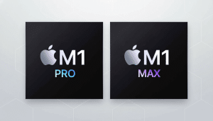 A 16:9 image showing two Apple M 1 chip logos, M 1 Pro and M 1 Max, on a professional light gray background with subtle geometric patterns.