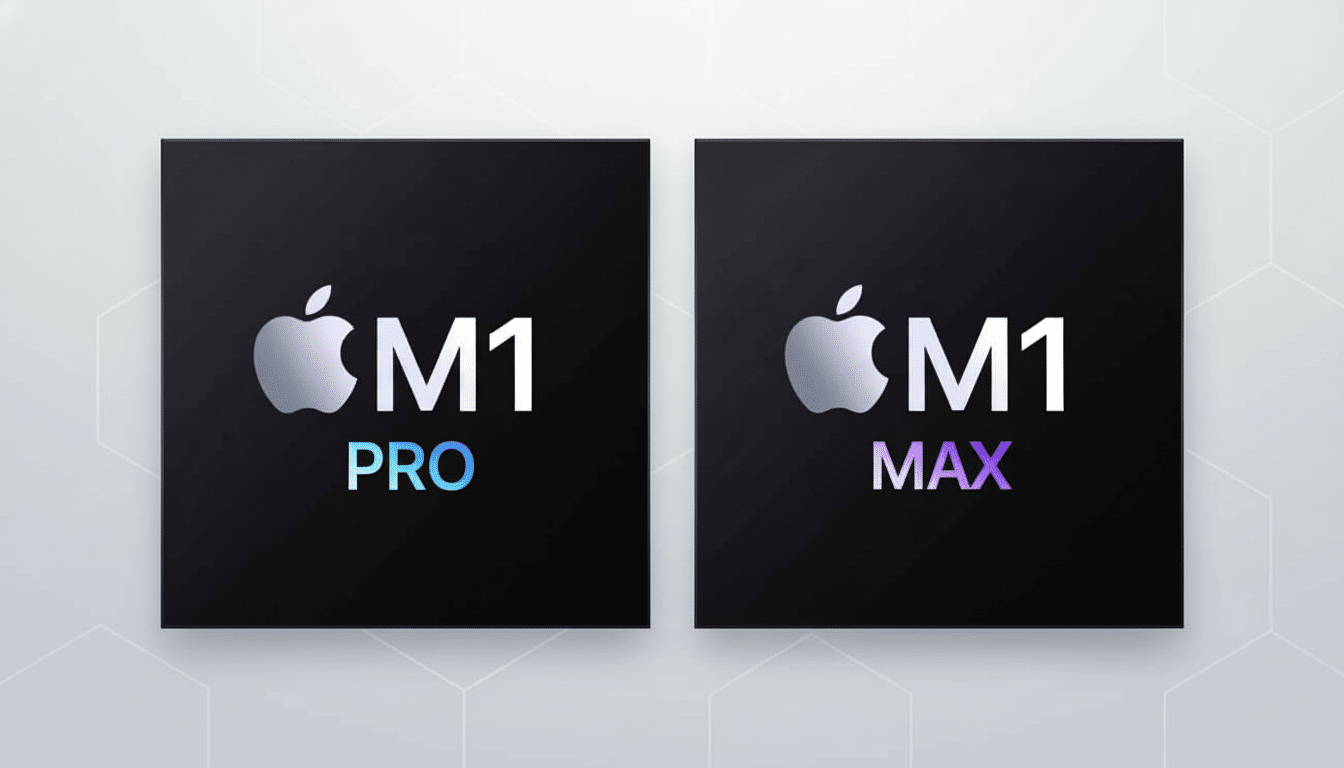 A 16:9 image showing two Apple M 1 chip logos, M 1 Pro and M 1 Max, on a professional light gray background with subtle geometric patterns.