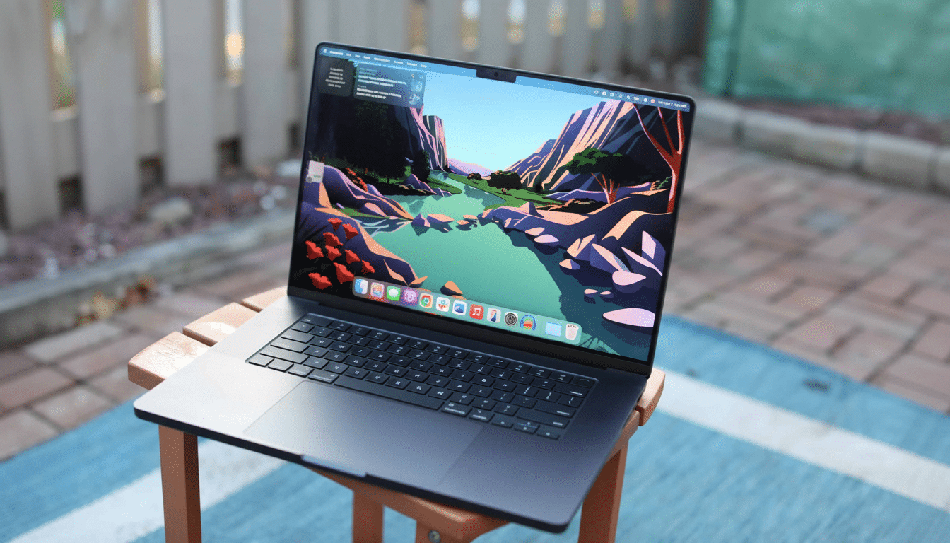 A modern laptop displaying a colorful landscape wallpaper on a wooden stool outdoors, resized to a 1 6: 9 aspect ratio.