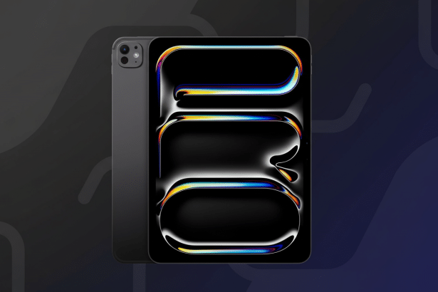 A dark gray tablet and phone displaying colorful , abstract patterns on their screens, set against a two -tone gray and purple professional flat design background with soft , geometric patterns.