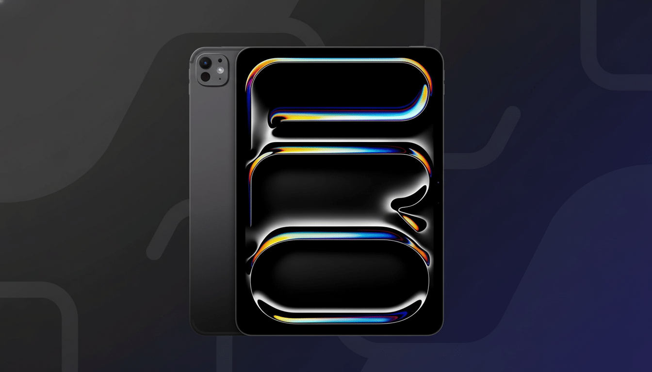 A dark gray tablet and phone displaying colorful , abstract patterns on their screens, set against a two -tone gray and purple professional flat design background with soft , geometric patterns.