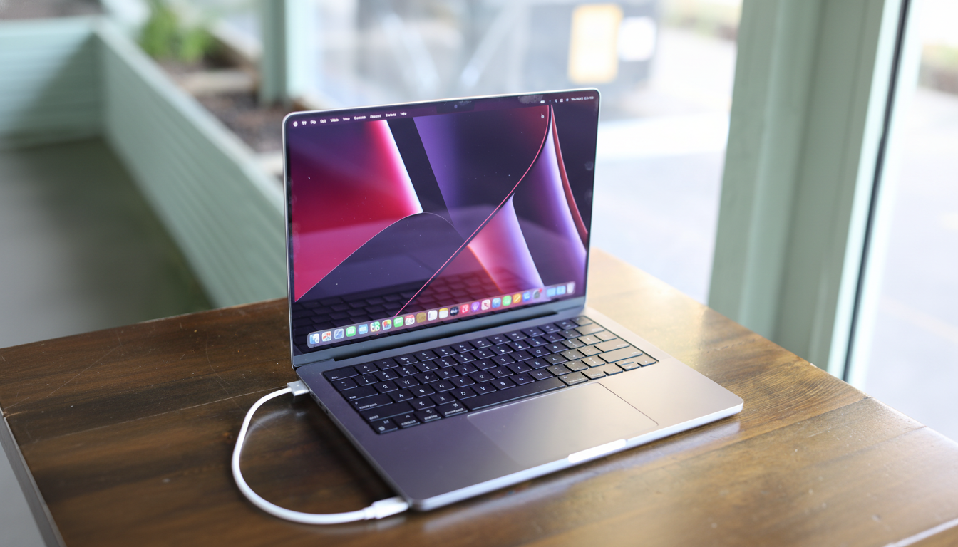 A silver MacBook Pro with a colorful desktop background, plugged in and sitting on a wooden table.