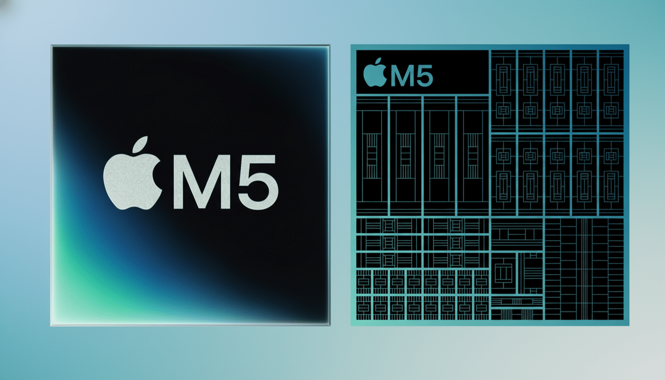 A professional image showcasing two representations of the Apple M 5 chip. On the left is a close-up of the chip's surface with the Apple logo and M 5 text, featuring a gradient background. On the right is a detailed schematic of the chip' s internal architecture , labeled Apple M5 . Both elements are presented on a soft blue gradient background.