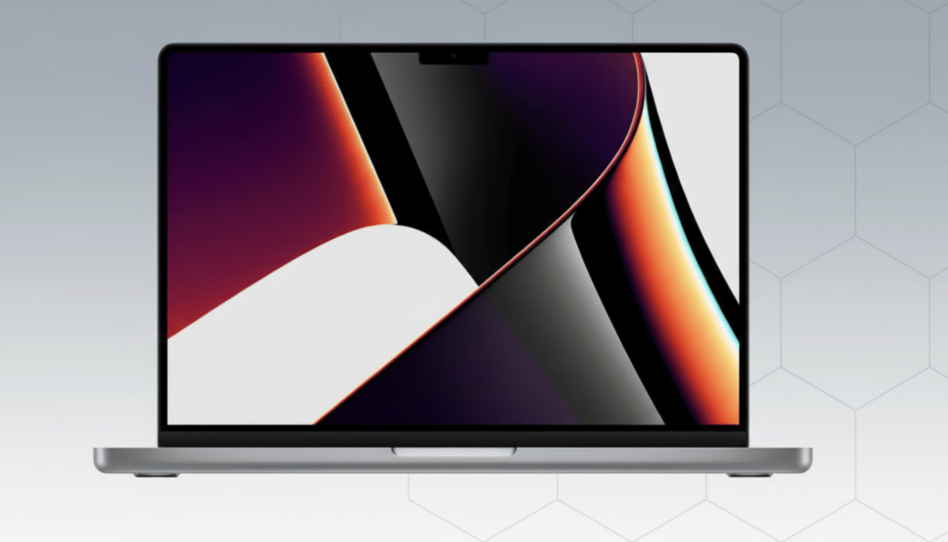 A modern laptop displaying a colorful , abstract wallpaper with gradients of purple , orange, and white, set against a professional gray background with a subtle hexagonal pattern.