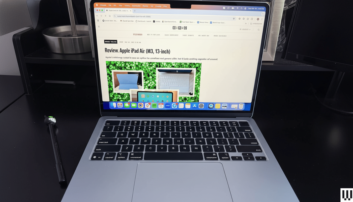 An Apple MacBook Air with a Safari browser open to a Wired article reviewing the Apple iPad Air ( M3, 13-inch ). The laptop is on a dark surface with