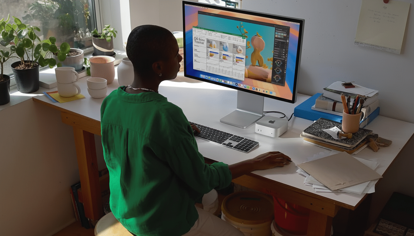 A person in a green shirt is sitting at a desk and working on a computer . The computer screen shows a spreadsheet and other applications .