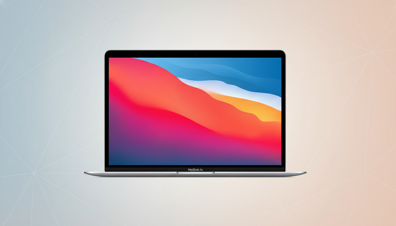 A silver MacBook Air with a colorful desktop background, presented on a professional flat design background with soft patterns and gradients.