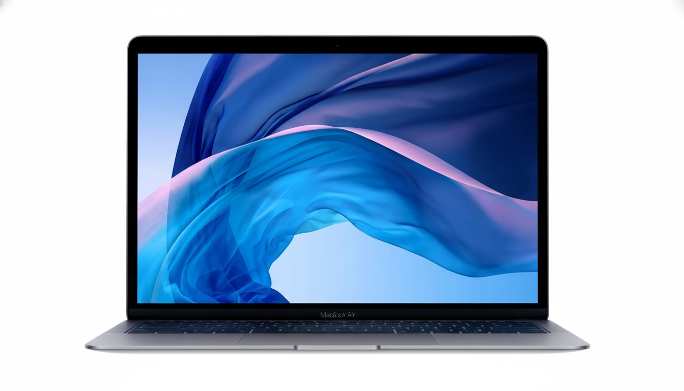 A silver MacBook Air with a blue and purple abstract wallpaper on the screen, presented on a white background.